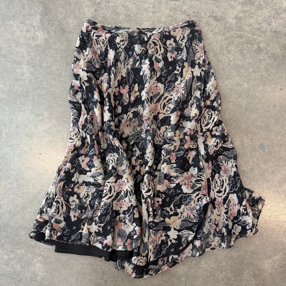 Vintage Y2K 90's 100% Silk Floral Flowy Midi Layer Fairy Boho Prairie Skirt SZ 8